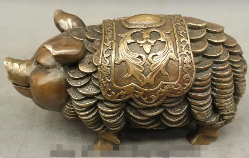 

S7180 Folk Chinese Bronze Copper Decorate Art Wealth Coin Year Zodiac Pig Statue Set D0317