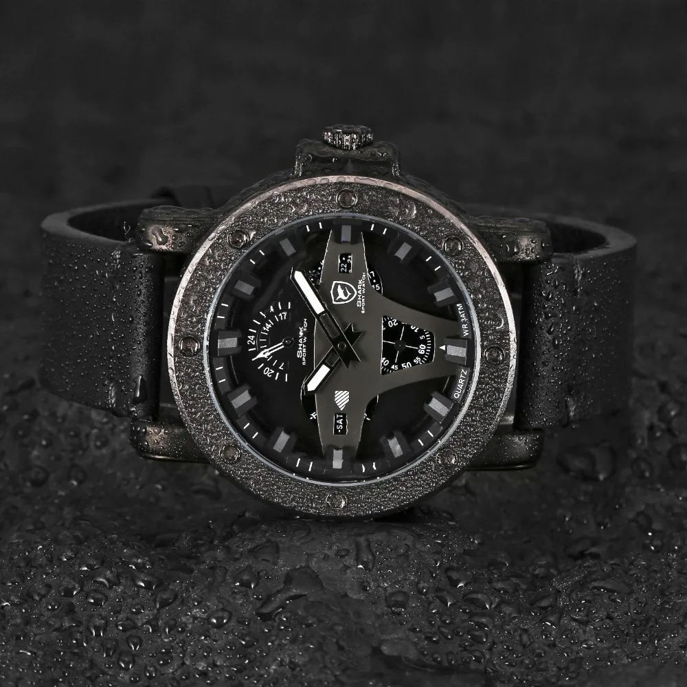 Гренландская Акула 2 серии спортивные часы Креативный дизайн Черная Дата Crazy Horse кожа кварцевые мужские часы Masculino Relogio/SH452