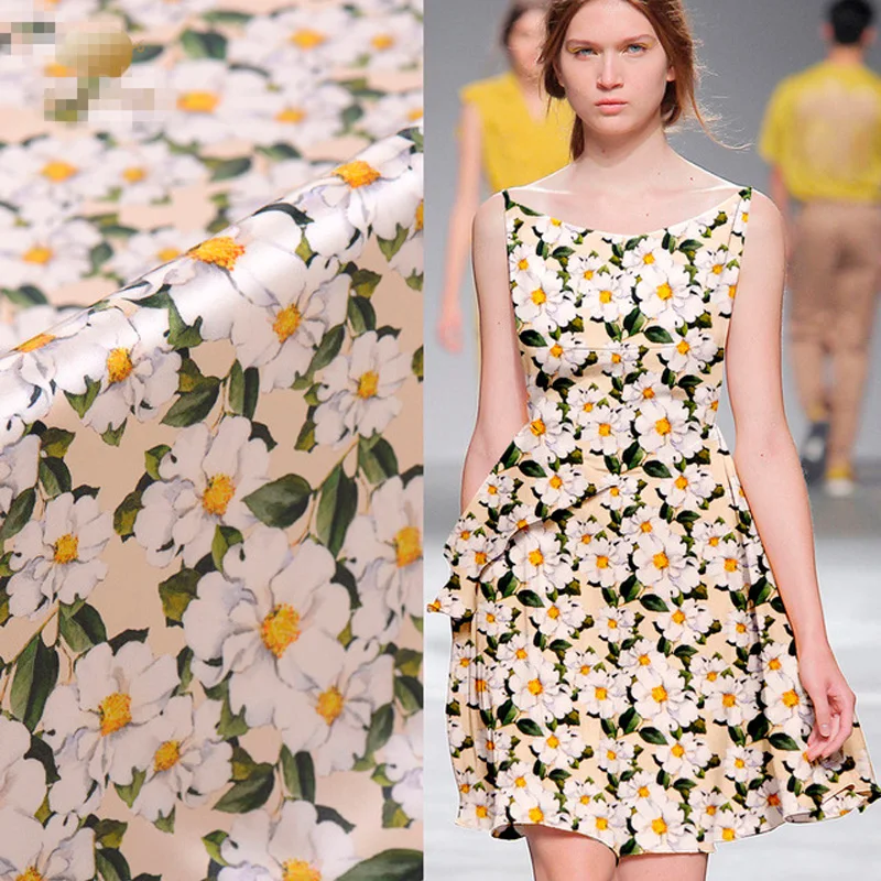 

108cm Width 19mm Thick White Camellia Flowers Mulberry Silk Stretch Satin Fabric for Woman Summer Dress Blouse Sewing