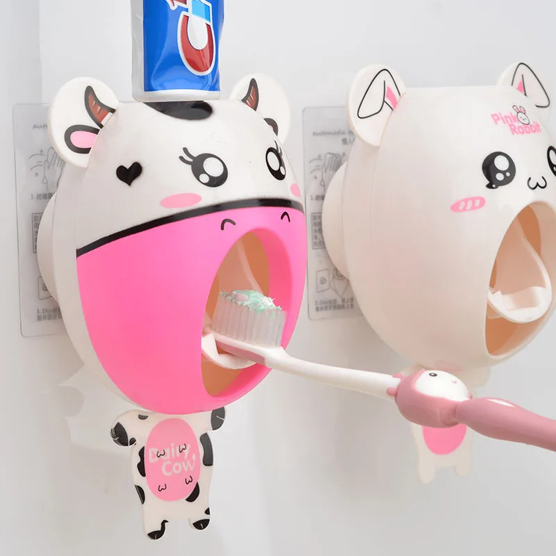 

Cartoon Half Automatic Toothpaste Dispenser Toothbrush Holder Wall Mount Stand Bathroom Sets Bathroom Accessories