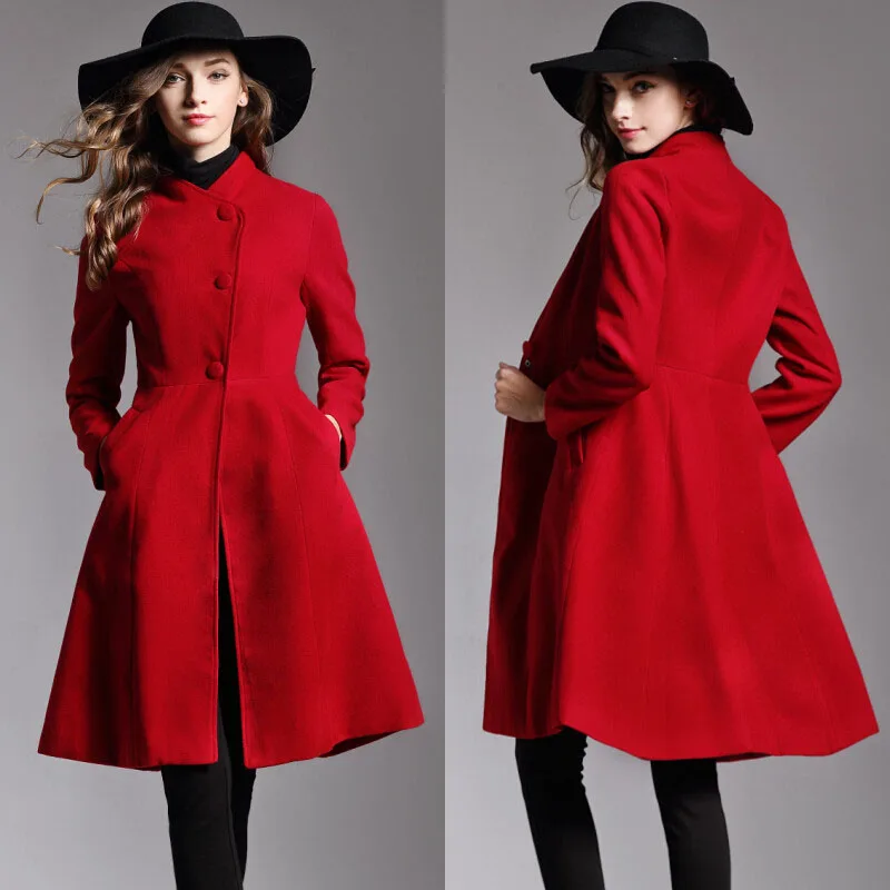 Autumn Winter New Women Woolen Coat Stand Collar High Waist Single