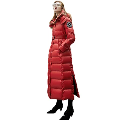 90% белый гусиный пуховик Женская Длинная ветровка с капюшоном парка Mujer Abrigos теплое плотное пальто doudoune femme hiver - Цвет: red