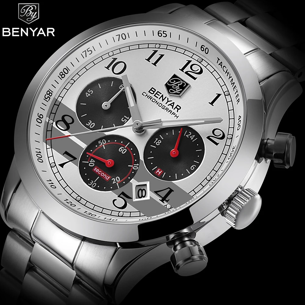 

BENYAR silver Steel strip montre pour homme Mode Sport Quartz montres homme Top Marque De Luxe D'affaires Relogio Masculino