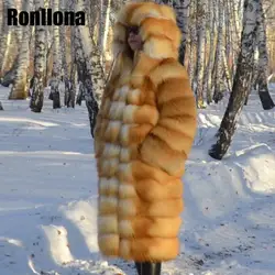 100 см длинные Настоящее Red Fox Шуба с капюшоном Роскошные Природные Для женщин Red Fox Меховая куртка Подлинная зима лиса пальто Для женщин