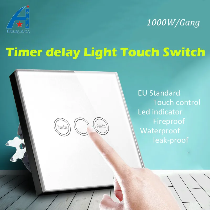 

New 1000w light Timer Delay Touch Switch (3-9min Time Delay), EU Standard Crystal Glass Panel Wall switch, with LED indicator