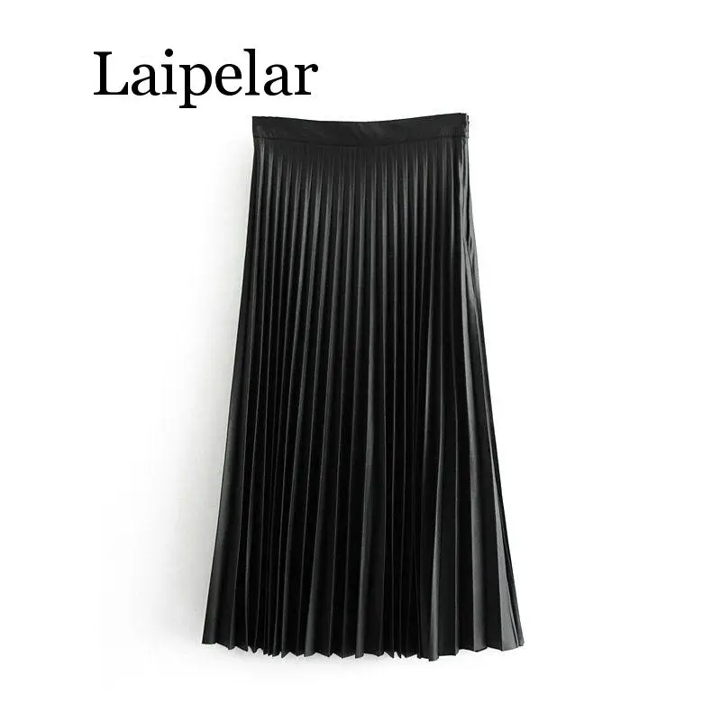 

Laipelar women black basic pleated midi skirt faldas mujer vintage side zipper fly solid female casual chic mid calf skirts