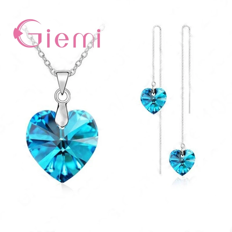 Authentic 925 Sterling Silver Jewelry Sets for Women Girls Gifts Austrian Crystal Heart Pendant Necklace Thread Earrings Chain
