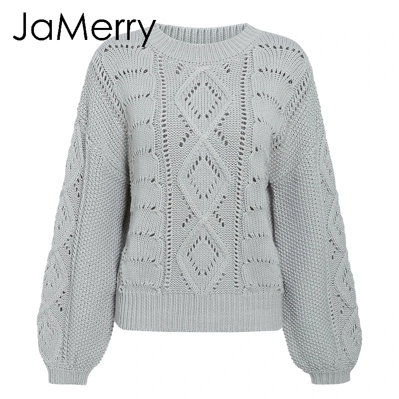 JaMerry, винтажный выдалбливающий вязаный женский пуловер, Свитера с рукавами-фонариками, женский осенний зимний свитер с круглым вырезом, повседневный джемпер
