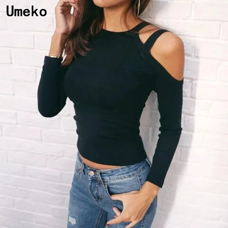 

Women Off Shoudler Tops Long Sleeve Shirts Halter Solid Color Black Bodycon Slim Female Bandage Tops and Blouses