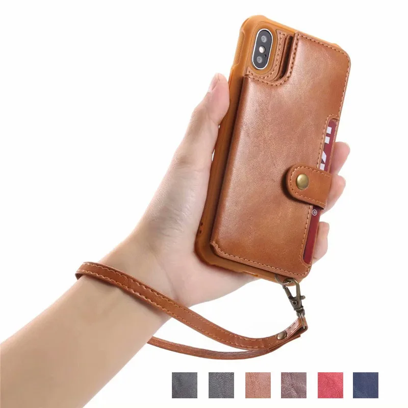 Hand Strap with Retro PU Leather Case For iPhone X 6 6s 7 8 Plus Multi Card Holders Cover Shells |