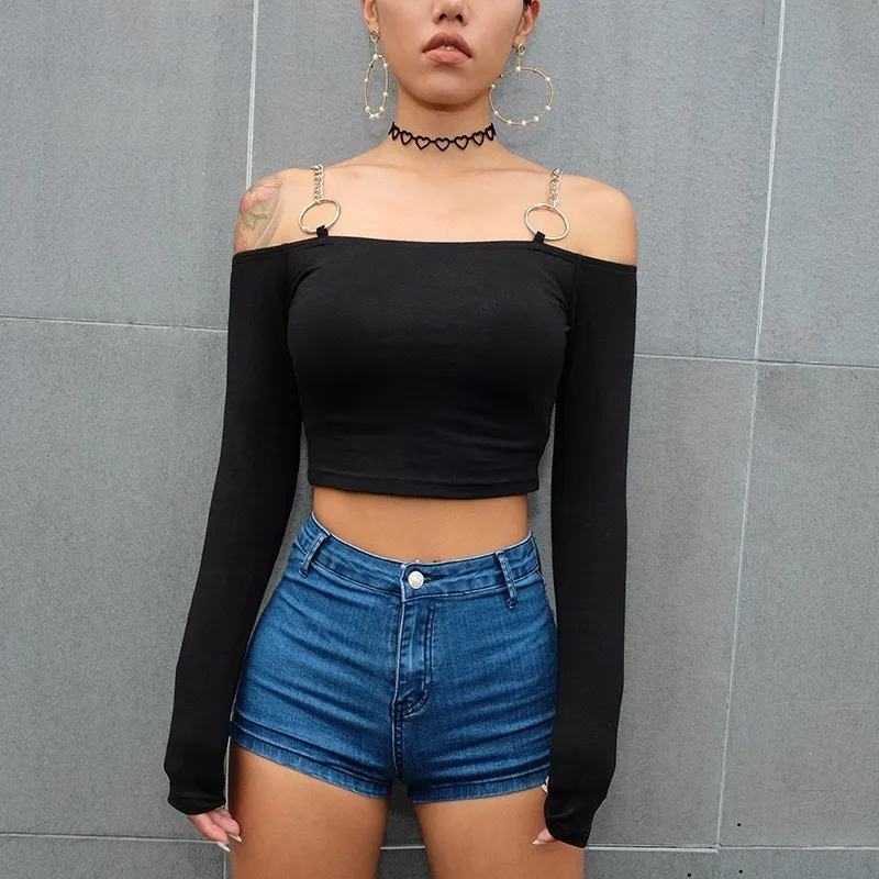 

Black Long Sleeve Knitted T-shirt Women Streetwear Slash Neck Cropped Tshirt Women Chains Bodycon Tee Shirt Femme Crop Tops 2019