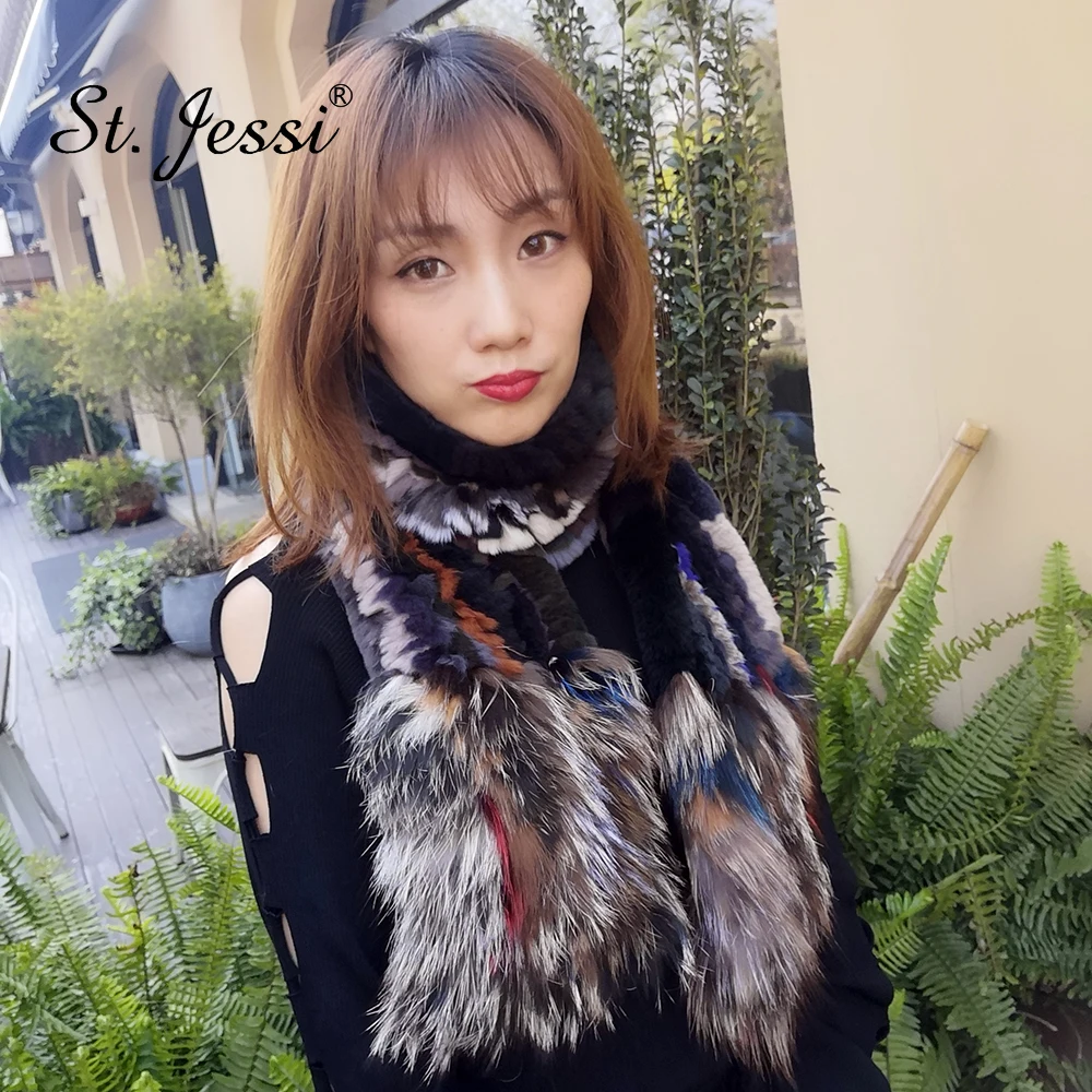 

ST.Jessi 2019 Women's New Colorful Real Natural Rex Rabbit Fur Scarf Tassels Fur Trimming Winter Warm Shawl Scarves Free Shippin