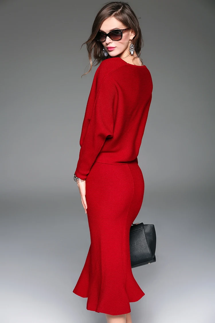 Elegant Women Sweater Suit Set High Quality Knitted Sweater and Ruffle Skirt Sexy Business Office Work Wear 2 Piece Set Suits 2018 (3)