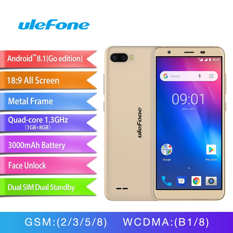 Ulefone S1 Мобильный телефон Android 8,1 5,5 дюймов 18:9 MTK6580 четырехъядерный 1 ГБ ОЗУ 8 Гб ПЗУ 8МП+ 5Мп задняя двойная камера 3g Sim смартфон