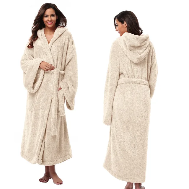 Women's Hooded Thick Robes Soft Coral Fleece Warm Long Bathrobe Plush
