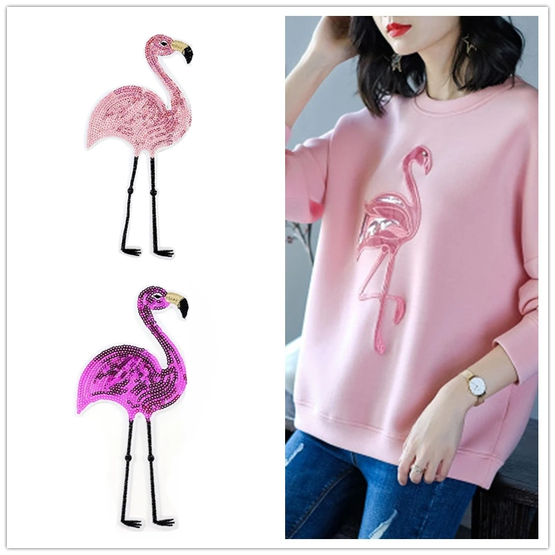 

1pc Flamingo Sequin Patch Applique Embroidery Sew-On Iron-On Sticker DIY Clothes Decoration For Clothes Sweater T-shirt