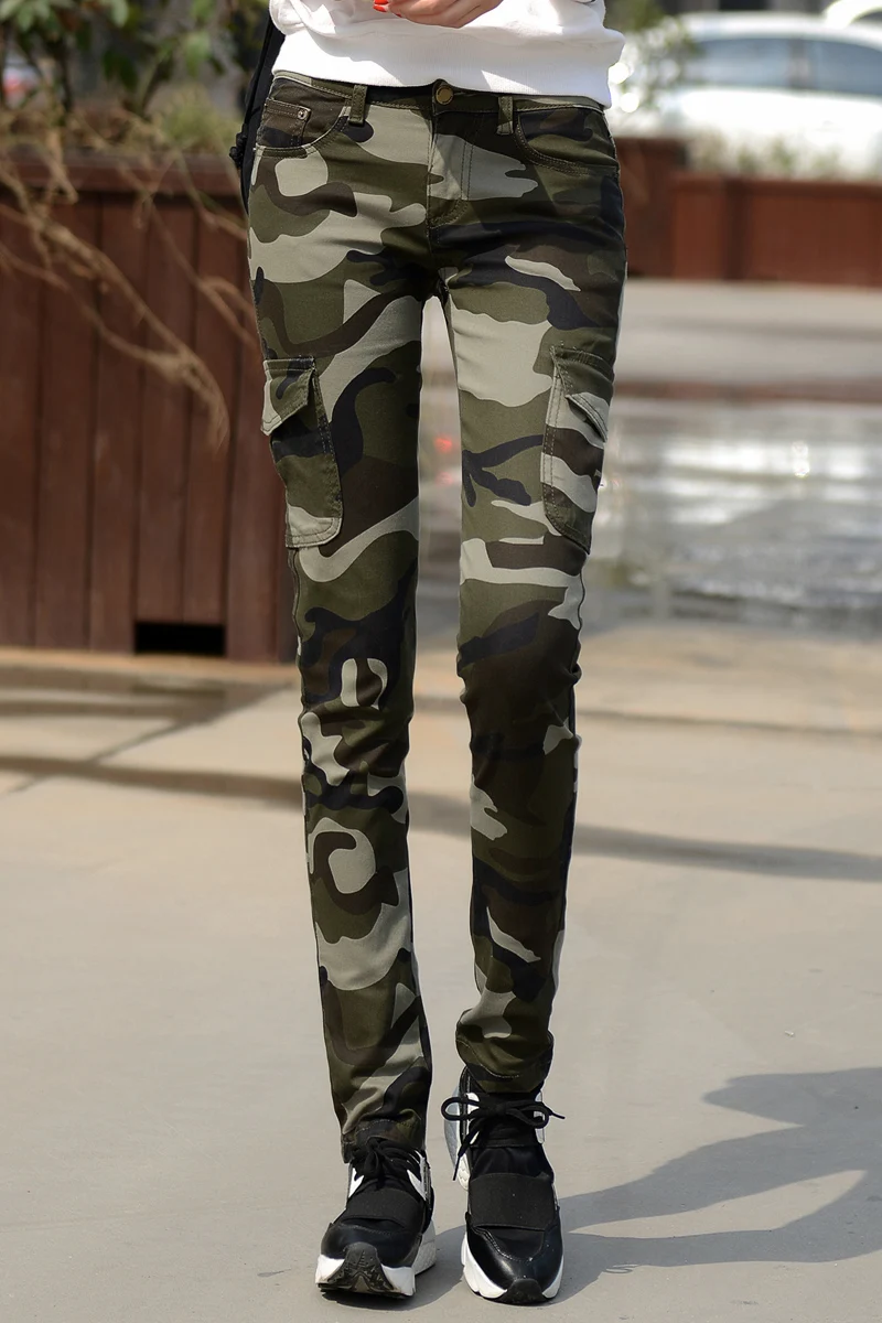 Мотобрюки для женщин камуфляж 2019 Весна армейский зеленый высокая талия леди Винтаж эластичные женские брюки Pantalone Mujer узкие брюки