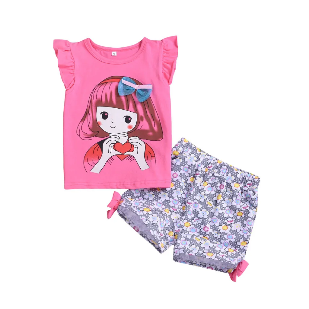 Toddler Kids Clothes Girl Cartoon Printed Sleeveless Tops+Floral Shorts Outfits Girls Summer Set Moda Infantil Menina |