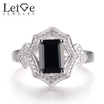 

LeiGe Jewelry Natural Black Spinel Anniversary Rings Emerald Cut Black Gemstone Ring Solid 925 Sterling Silver Vintage Rings