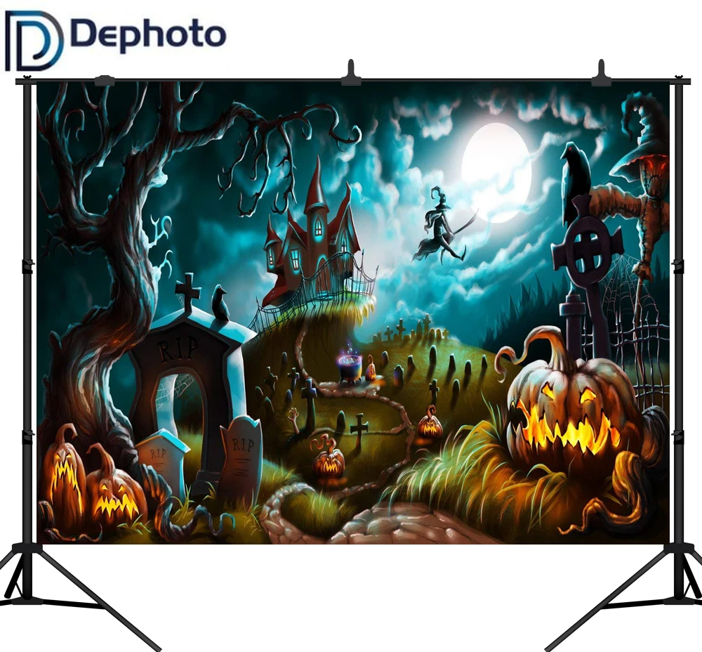 

DePhoto Photo Background Halloween Castle Photography Backdrop Night Witch Crows Pumpkin Moon Cemetery Cartoon Photostudio Props