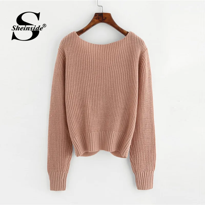 Billige Sheinside Plain V Neck Perle Perlen Casual Pullover Langarm Detail Twist Gestrickte Pullover Herbst Winter Tops Für Frauen Pollover