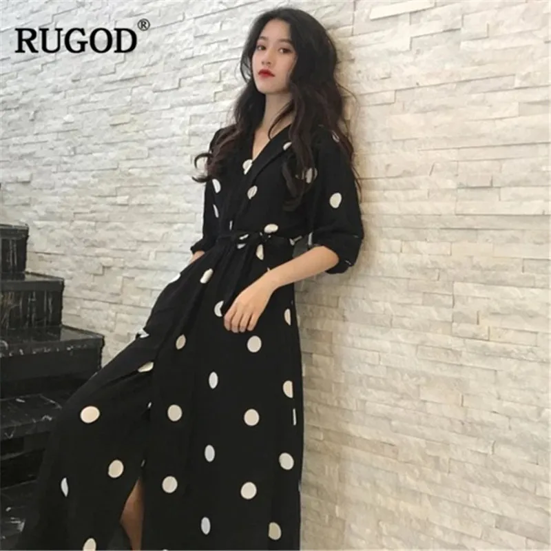 

RUGOD Spotted women dress v neck short sleeves mid-calf a line bodycon elegant office ladies wearing modis femme vestido verano