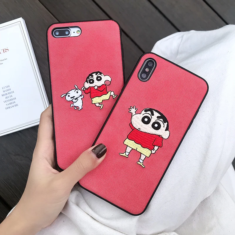 

Embroidery Cartoon Pattern For iPhone Xs XR Max Mobile phone shell For iPhone6s 7 8 Plus Crayon Shin Chan Cute Mobile phone case