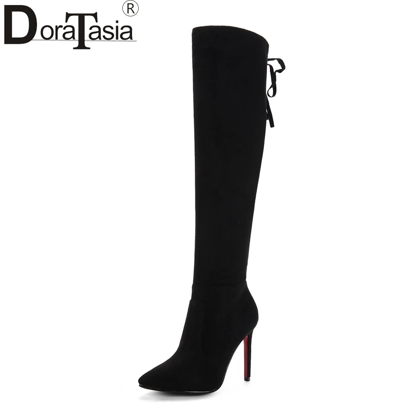 

DoraTasia Large Sizes 33-43 Thin High Heels Pointed Toe Woman Shoes Women over-the-knee Boots Black Long Boots