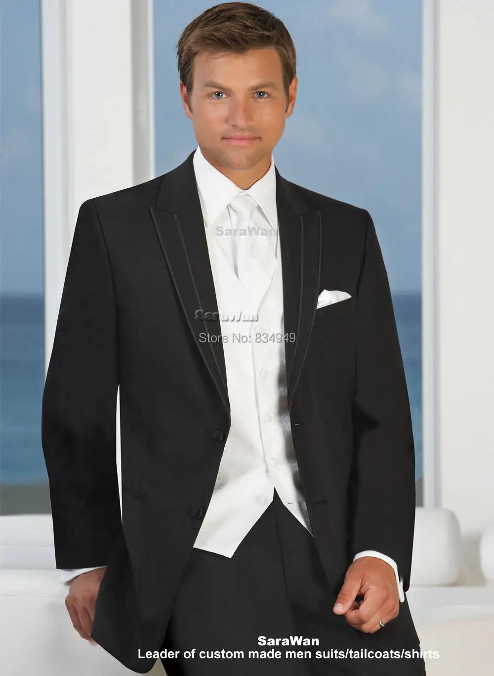 

Custom Made Groom Tuxedo Terno Casamento, Bespoke Black suits with White vest / waistcoat, Tailor Made Wedding Suits for men