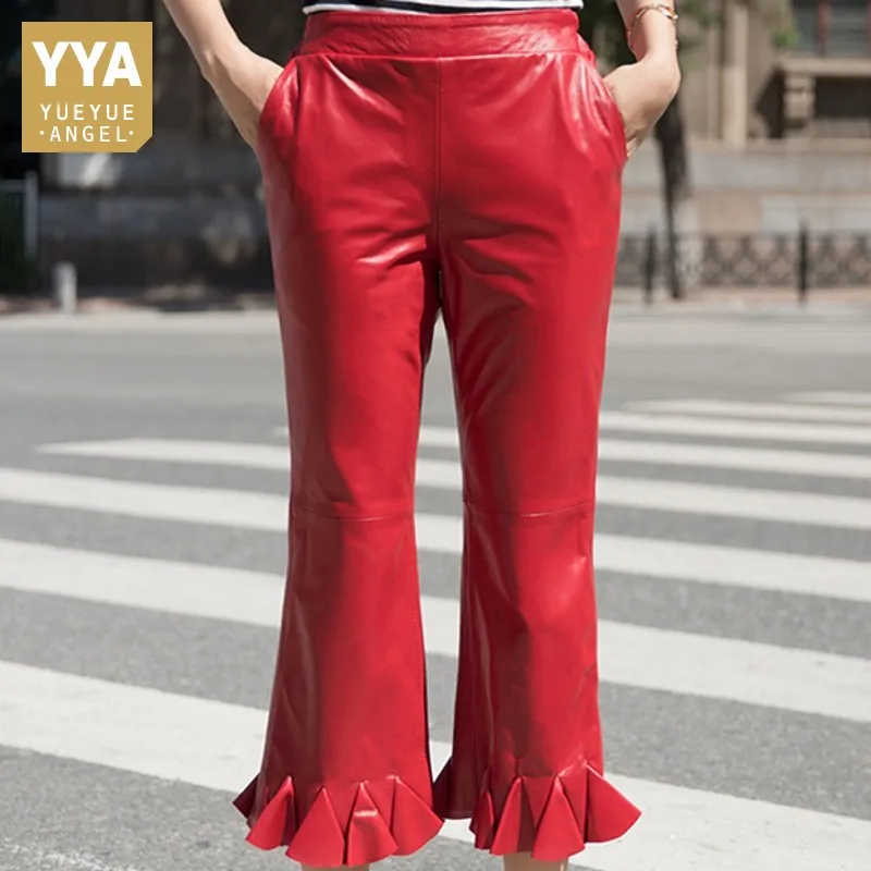 

Hot Sale Solid Red Black Genuine Leather Calf Length Pants Female Sheepskin Trousers Flare Pants Women High Waist Streetwear