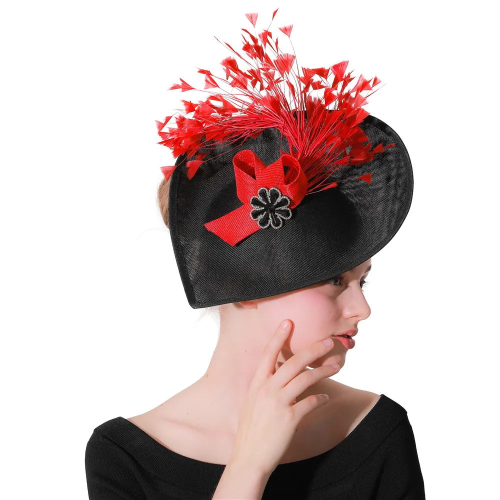 Винтаж черный имитация льняные Fascinators с красный цветок перо горный хрусталь свадьбы церковная фетровая шляпа-таблетка Для женщин котелки