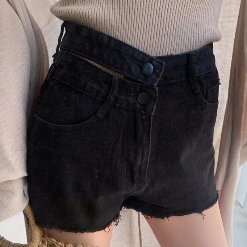 

Black High Waist Cutout Two Buckled Denim Shorts Women Summer Short Pants Jeans Ladies Fashionale Sexy Streetwear