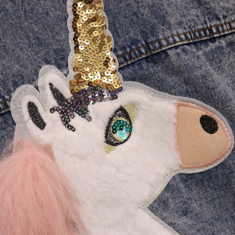 buy Women Sequined Jacket Denim Faux Fur Stitch Unicorn Patch Coat Single Breasted Denim Long Batwing S