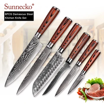 

Sunnecko 6PCS Kitchen Knives Set Utility Chef Knife 73-Layers Damascus VG10 Steel Sharp 60HRC Pakka Wood Handle Cutting Tools