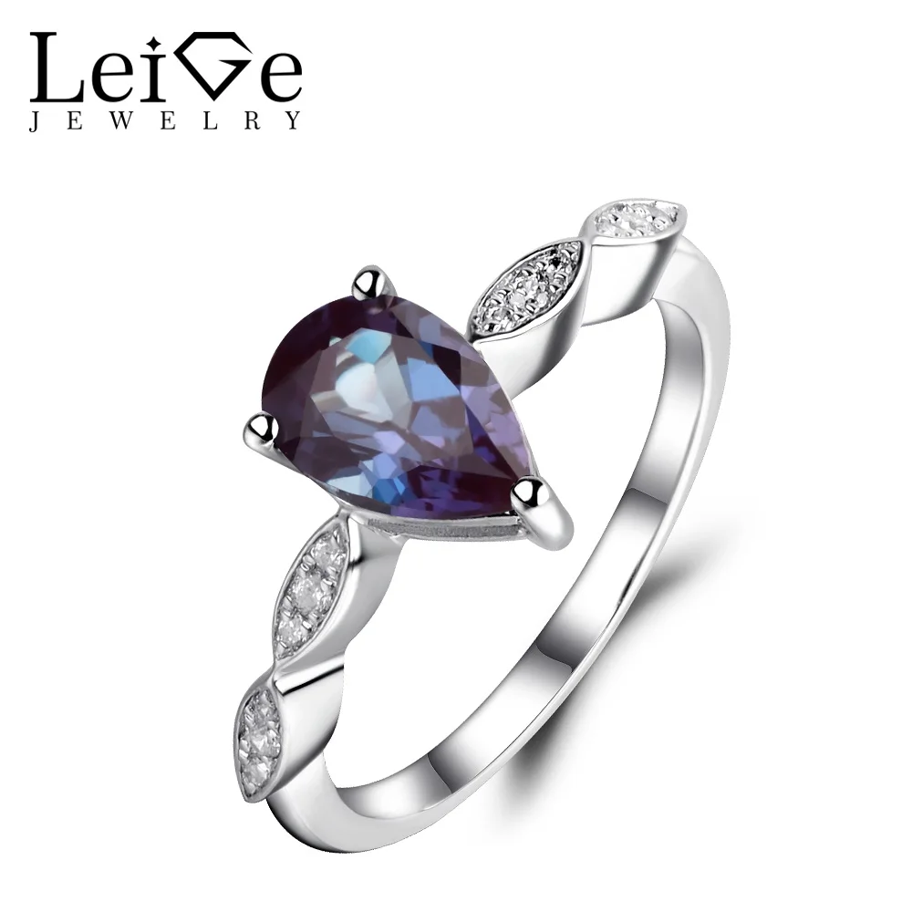 Leige Jewelry Lab Alexandrite Ring Pear Cut Promise Rings 925 Sterling Silver Color Changing