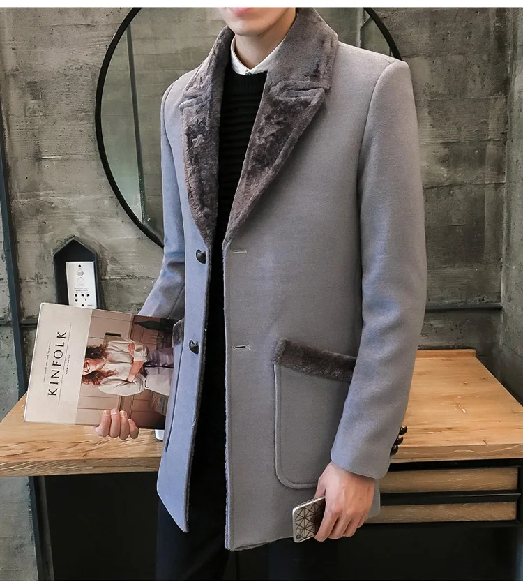 Мужская однотонная шерстяная куртка средней длины, зимнее шерстяное пальто, мужской теплый плащ-манто с меховым воротником, мужское пальто, размер M-5XL