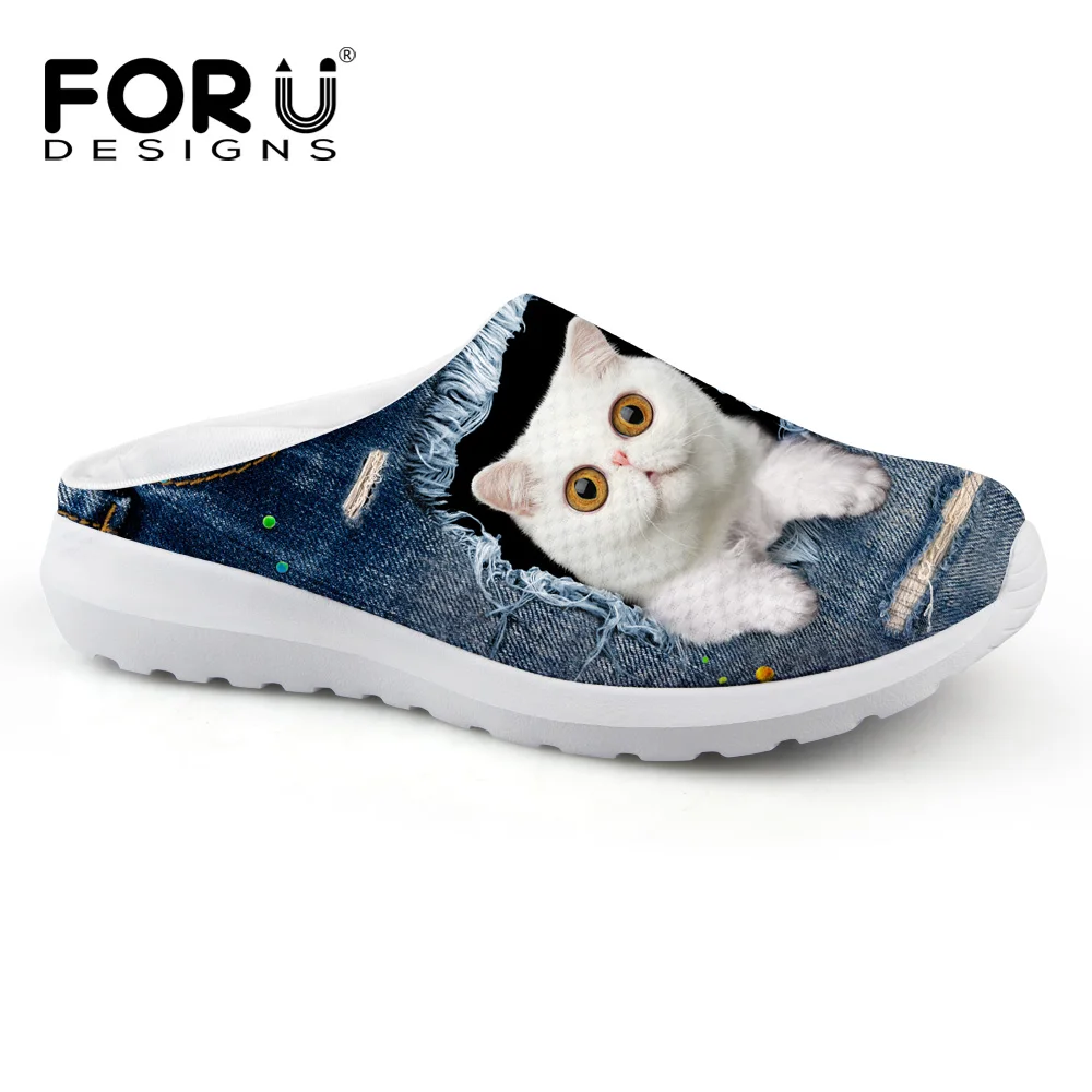 

FORUDESIGNS Summer Denim Women Mesh Breathable Flats Slipper Sandals Shoes Cute Casual Girls Slip On Cut-Outs Beach Flip Flops