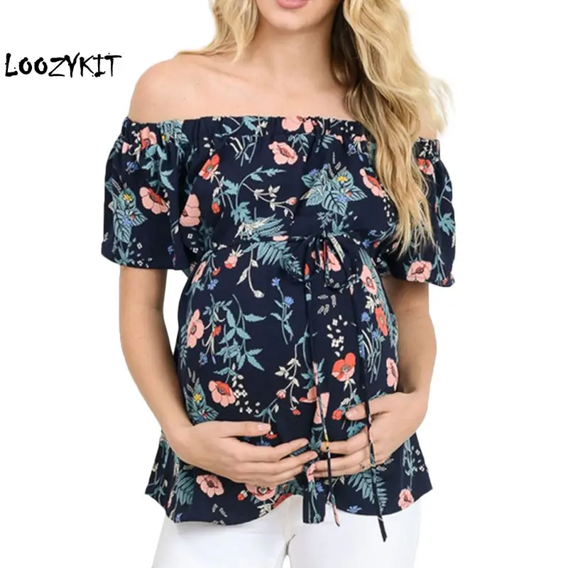 

Loozykit Hot Sale Women's Short Sleeve Tops Breastfeeding Off Shoulder Slash Neck Floral T-Shirt Maternity vetement maternite