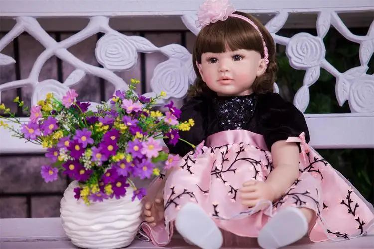

2018 New Boneca Reborn Girl Dolls Pink Princess Dress Short Curly Hair Brown Eyes Exquisite Princess Baby Girl Doll Xmas Gifts