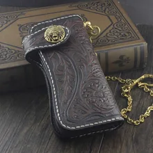 Винтажный ручной работы байкер длинный кожаный оснастки резной кошелек с латунной цепочкой