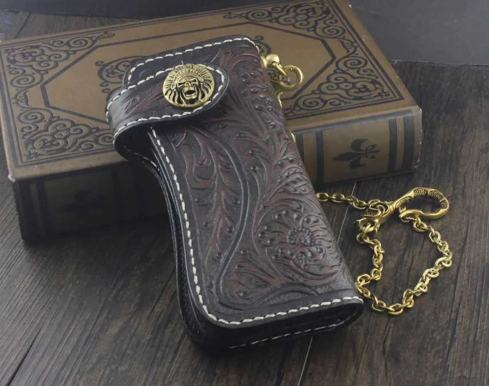 

Vintage Handmade Biker Long Leather Tooled Carved Wallet Purse With Brass Chain