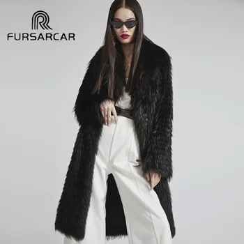 

FURSARCAR 2019 Winter Women Real Fur Coat Black Style Natural Silver Fox Fur Fashion Warm Female Jacket 100 CM Long Fox Fur Coat