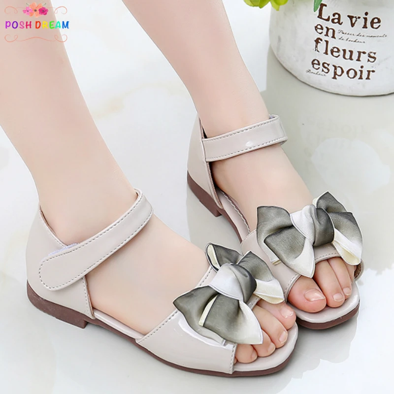 

POSH DREAM Beige Bow Kids Girls Sandals 2019 Summer New Flat Bottom Leather Fashion Sandals Shoes for Girl Princess Kids Shoes