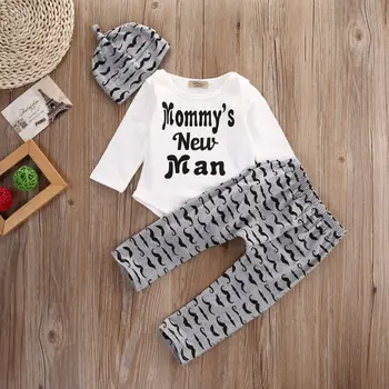 

Free shipping Cute 3PCS Set Newborn Baby Boy Clothes Lovely Mommy's New Man Bodysuit Tops Mustache Print Pants Hat Outfits 0-18M