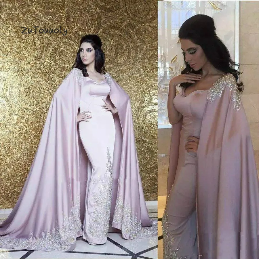 

Arabic Dubai Evening Dress With Cape 2019 Dusty Pink Appliques Crystal Abaya Kaftan Evening Gowns Long Satin Dresses for Dinner
