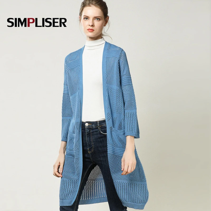 ^Cheap Hollow Out Women Long Cardigans Female Summer Autumn Loose Overcoats 2019 Knitted Shawl Ladies Fashion Jumpers Sweaters Blue