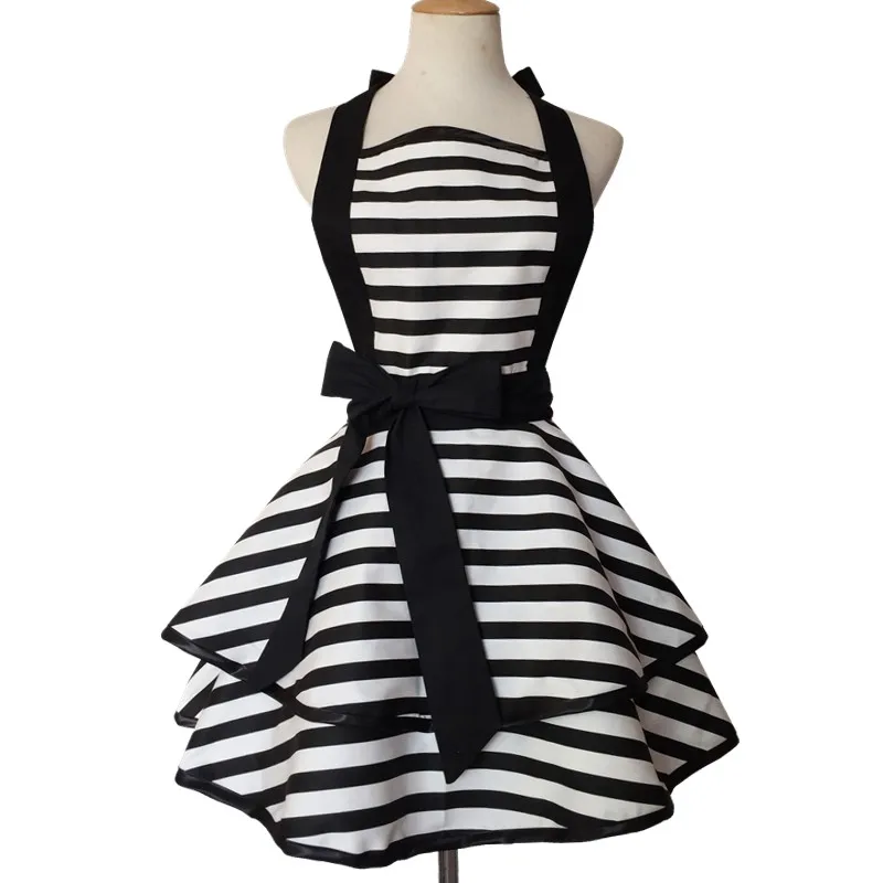 

Retro Woman Adult Black And White Striped Kitchen Cooking Cotton Apron Salon Avental de Cozinha Apron Dress