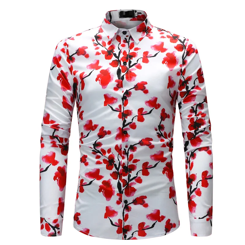 M 4XL Chinese Style Fashion Men's Floral Print Shirt Long Sleeve ...