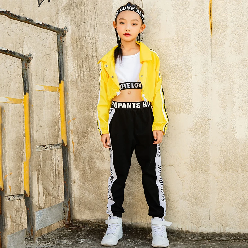 

Kids Jazz Dance Costumes Girls Hip Hop Clothing Yellow Jacket Black Pants Stage Set Street Dancer Wear Children Dancewear