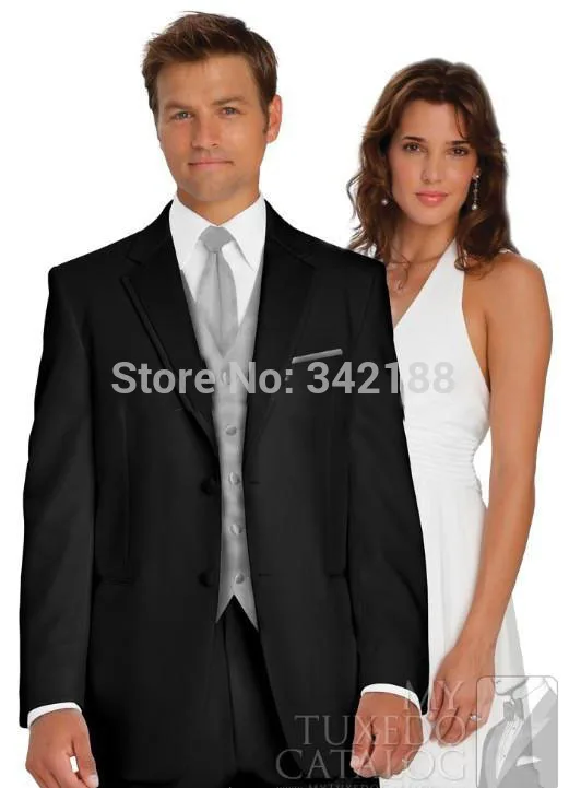 Best sale Two Buttons Groom Tuxedos Black Best man Notch Satin Lapel Groomsman Men Wedding Suits Bridegroom(Jacket+Pants+Vest)we